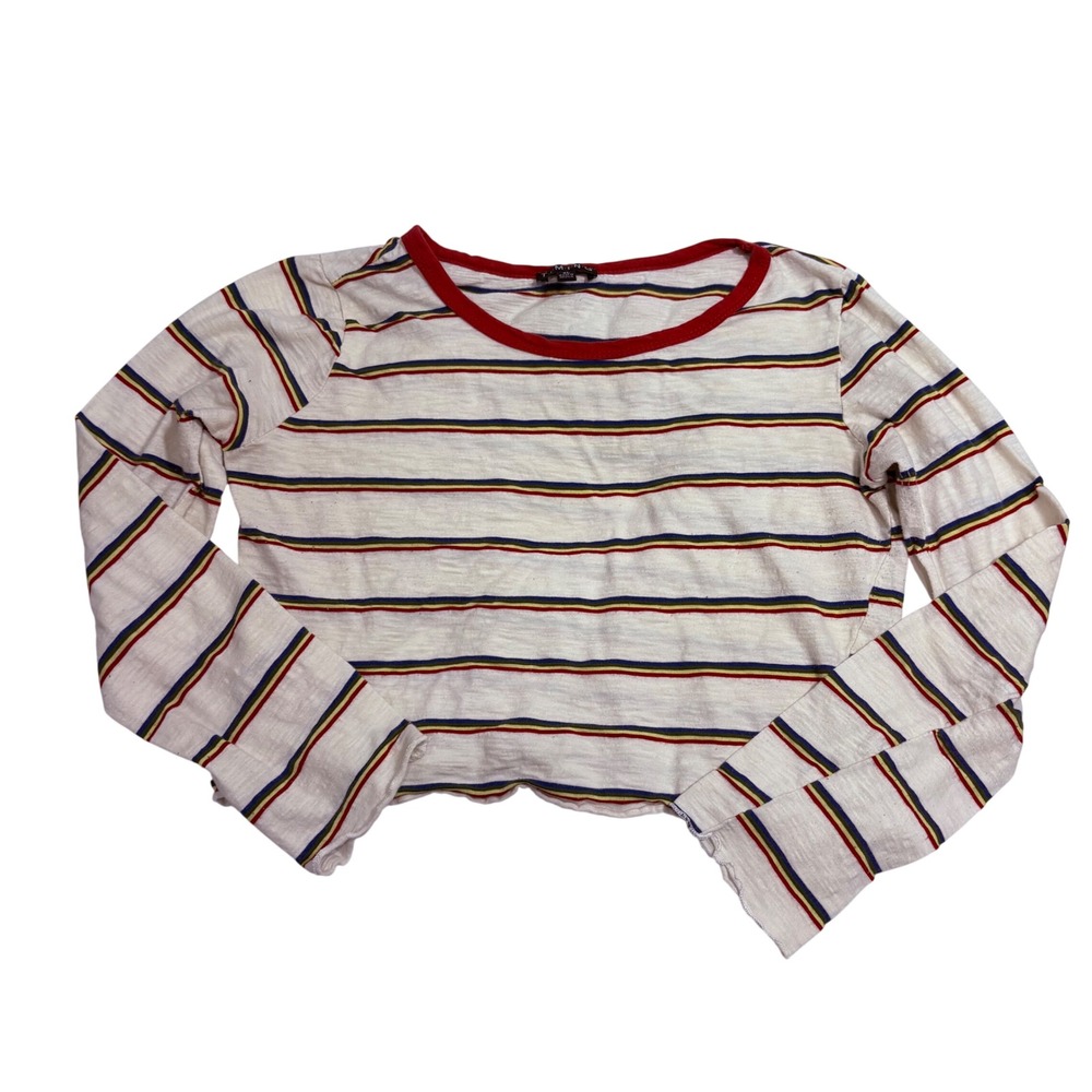 Timing Womens XL Rainbow Stripe Cropped Long Sleeve Tee Red Trim Lettuce Hem